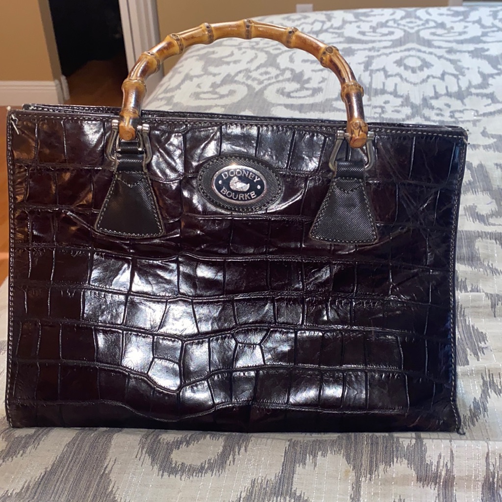 Vintage D&B Brown Exotic Alligator Leather Satchel Tote Bag Bamboo Handles